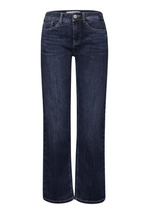 Jean droit en denim bleu foncé avec bouton frontal, fermeture éclair, passants pour ceinture et poches avant.