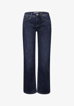 Jean droit en denim bleu foncé avec bouton frontal, fermeture éclair, passants pour ceinture et poches avant.