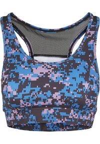 Sporty cropped bh i svart, blått og lyse lilla digital kamuflasjemønster. Har mesh-bak og brede stropper for støtte. Glatt stoff.