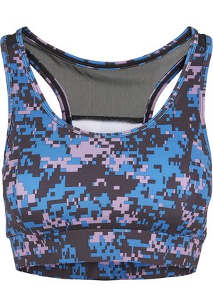 Reggiseno sportivo corto in nero, blu e un pattern mimetico digitale in viola chiaro. Caratterizzato da schienale in rete e spalline larghe per supporto. Tessuto liscio.
