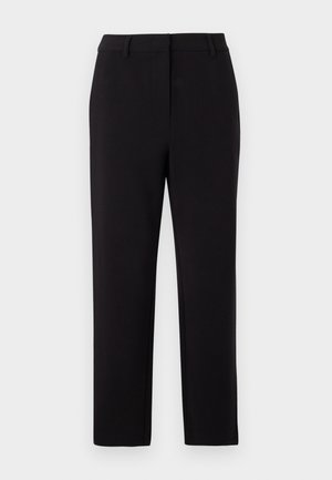 Calças pretas ajustadas com um corte reto, feitas de um tecido suave. Apresentam uma cintura plana e bolsos laterais.