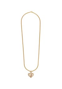 Collana in oro con pendente a forma di cuore spezzato, caratterizzato da una superficie texturizzata e un accento rosso. La catena presenta un design attorcigliato.