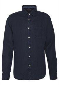 Marineblå langærmet skjorte lavet af letvægtsstof; har en button-down krave, forknapning og en enkelt brystlomme.