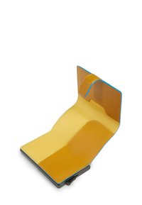 Yellow and orange leather wallet with a blue edge, featuring a smooth texture, a clasp closure, and an open design for visibility.