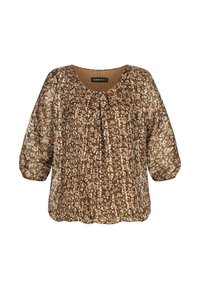 Brun blomstret bluse med scoop-udskæring, elastiske trekvartærmer, løs pasform og et let, tekstureret stof.