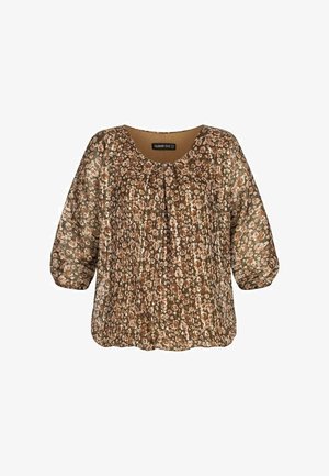Brązowa bluzka w kwiaty z okrągłym dekoltem, elastycznymi rękawami o długości trzech czwartek, luźnym krojem oraz lekkim, strukturalnym materiałem.