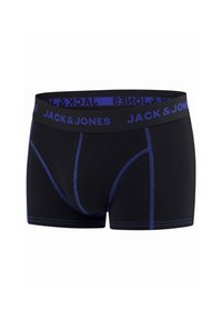 Zwarte boxershorts met blauwe stiksels en een bijpassende elastische tailleband met het "JACK & JONES" logo. Katoenen materiaal, aansluitend ontwerp.