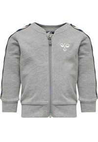 Grå zip-up jacka i mjukt tyg, med rund halsringning, broderad logotyp och färgade ränder längs axlarna.