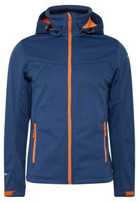 Veste softshell marine avec une fermeture éclair orange à l'avant et des accents assortis. Comprend une capuche, des poches zippées et une finition lisse légèrement texturée.