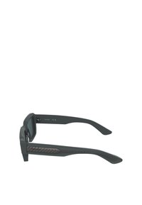 Gray sunglasses with a rectangular frame and textured side accents. Lenses are dark, with a smooth finish on the temples.