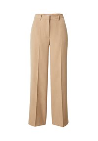 Beige gestreifte weite Hose mit tailliertem Bund und Gürtelschlaufen, ausgestattet mit einer glatten Textur und einer klassischen, geraden Passform.