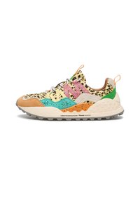 Multicolored sneaker featuring a yellow upper with leopard print, pink and green accents, a textured sole, and a cushioned design.