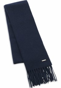 Sciarpa in lana blu navy con dettagli frangiati, caratterizzata da un piccolo accento in metallo argento. Materiale morbido e texturizzato con forma rettangolare.