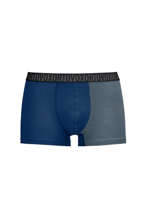 Men’s boxer briefs in blue and gray with black waistband featuring repeating brand logo "ORTOVOX".