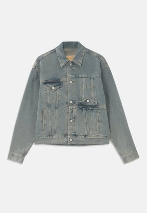 Light blue denim jacket with a collared neck, two chest pockets, and two side pockets. Features button closure and contrasting stitching.