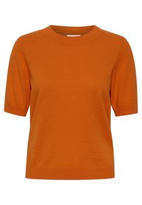 Kurzärmeliges oranges Strickpullover mit rundem Ausschnitt, weicher Textur und legerer Passform. Hat eine einfarbige Gestaltung ohne Muster oder Akzente.
