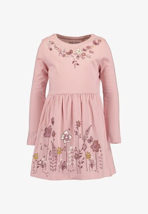 Pinkes langärmeliges Kleid mit Blumen- und Schmetterlingsmustern um den Halsausschnitt und den unteren Rockteil. Gesammelte Taille und runder Ausschnitt.