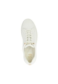 White sneaker with smooth leather upper, flat laces, gold accents on eyelets, and padded collar. Flat rubber sole with minimal tread design.