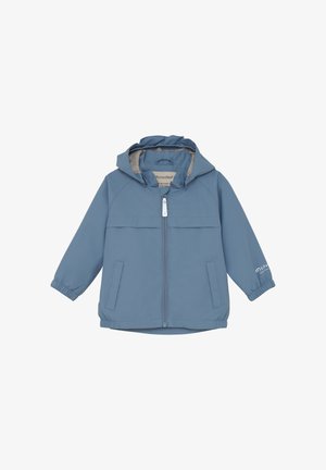 Niebieska wodoodporna kurtka z kapturem, zamkiem błyskawicznym z przodu, elastycznymi mankietami i dwoma bocznymi kieszeniami. Wnętrze w kolorze szarym oraz detal z logo.