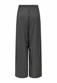 Pantalon gris foncé à jambes larges avec un motif à carreaux subtil et une ceinture élastique, présenté de face sur un fond blanc.