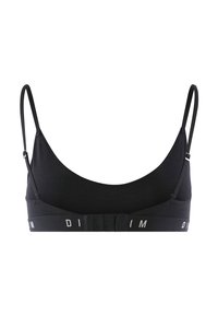 Soutien-gorge noir avec bretelles fines ajustables, fabriqué en tissu lisse, doté d'une fermeture à crochet et œillet à l'arrière, avec une bande logo.