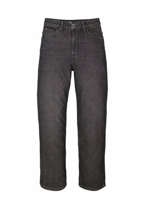 Schwarze, hoch taillierte Jeans mit geradem Bein, Frontknopf, Reißverschluss, Gürtelschlaufen und klassischem Fünf-Taschen-Design vor weißem Hintergrund.