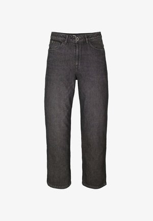 Schwarze, hoch taillierte Jeans mit geradem Bein, Frontknopf, Reißverschluss, Gürtelschlaufen und klassischem Fünf-Taschen-Design vor weißem Hintergrund.