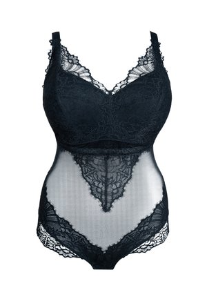 Black lace bodysuit with a sheer mesh panel, featuring a v-neckline and intricate floral patterns, edged with scalloped lace on straps and legs.