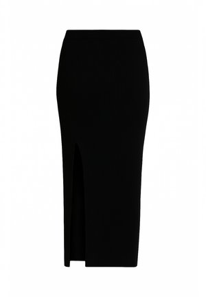 Black ribbed midi skirt with a high slit on the left side. Features a fitted waistband and a smooth texture throughout.