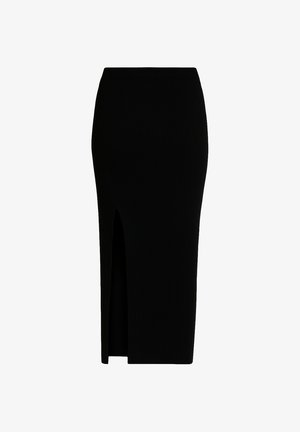 Schwarzer, gerippter Midirock mit hohem Schlitz auf der linken Seite. Verfügt über einen eng anliegenden Bund und eine durchgehend glatte Textur.