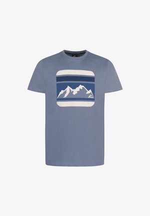 Light blue short-sleeve t-shirt with white and dark blue mountain graphic centered on the chest.