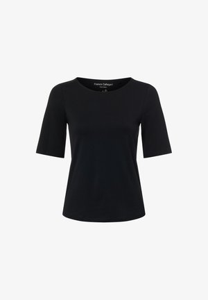 T-shirt en coton noir avec un col rond et des manches courtes. Design simple, texture lisse, sans motifs ni accents visibles.