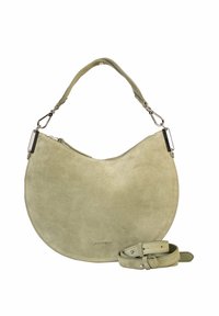 Borsa a spalla verde in suede con forma a mezzaluna, dettagli in metallo argentato, chiusura a zip e tracolla regolabile. Texture liscia.