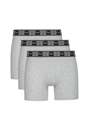 Graue Baumwoll-Boxershorts, Dreierpack, mit einem schwarzen Bund und einem weißen geometrischen Muster. Glatte Textur und enganliegendes Design.