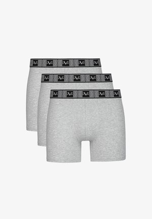 Graue Baumwoll-Boxershorts, Dreierpack, mit einem schwarzen Bund und einem weißen geometrischen Muster. Glatte Textur und enganliegendes Design.