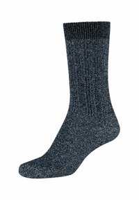 Mørkeblå ribbede sokker med en skinnende tekstur, der har en solid, strækbar topkant og en sømløs tådesign.