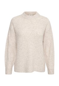 Helles beige, langärmliges gestricktes Sweater mit hohem Rundhalsausschnitt, gerippten Bündchen und Saum, auf einem schlichten weißen Hintergrund dargestellt.
