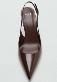 Pantof brown din piele, cu vârful ascuțit și laterale deschise. Prezintă un logo argintiu pe branț și o cataramă pentru ajustare.