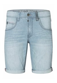 Light blue denim shorts with a regular fit, rolled cuffs, front pockets, and a zipper fly featuring a branded waistband.