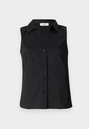 Black sleeveless shirt with a button-down front, collared neckline, and a smooth texture. Simple design without additional patterns or accents.