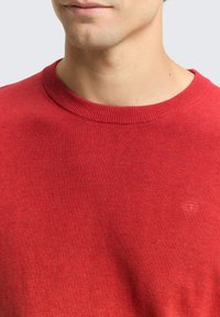 Maglione a girocollo rosso, realizzato in tessuto a maglia strutturata. Presenta polsini e orlo a coste, con un piccolo dettaglio con logo sul davanti.