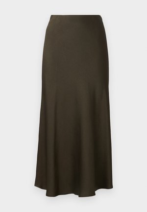 Mørkegrønn, satinfinish, lang skjørt med flagrende kant og jevn tekstur. Enkel design, ingen synlige mønstre eller hårdvarer.