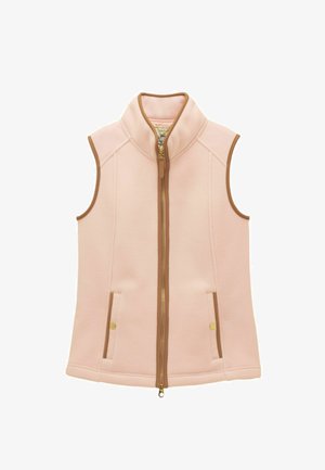 Ärmellose, hellrosa Fleeceweste mit braunen Besätzen, Frontreißverschluss, Stehkragen und zwei seitlichen Taschen mit Druckknopfverschluss.