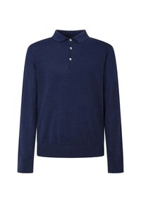 Granatowa koszula polo z długim rękawem, wykonana z miękkiego, teksturowanego materiału, z kołnierzykiem, zapięciem na trzy guziki oraz ściągaczami przy mankietach i u dołu.