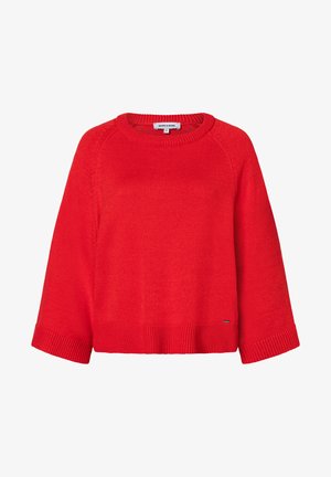 Felrode gebreide trui met brede mouwen, geribbelde manchetten en zoom, voorzien van een ronde hals en een klein merketiket nabij de zoom.