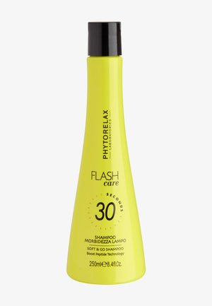 Flacon de shampooing jaune PhytoRelax Flash Care 30 secondes soft and go avec bouchon noir, capacité 250 ml sur fond blanc.
