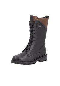 Schwarze Lederstiefel bis zum Knie mit braunen Lederelementen, ausgestattet mit einer geschnürten Vorderseite, robustem Sohlenprofil und strukturiertem Design. Langlebig und wetterbeständig.