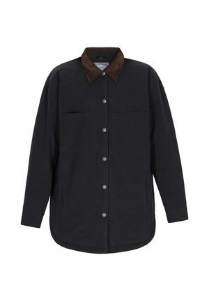 Schwarze, langärmelige Knopfjacke mit braunem Cordkragen und vier Vorderstaschen, auf einem weißen Hintergrund präsentiert.