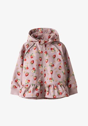 Chaqueta rosa con capucha para niños, con estampado de fresas rojas y flores blancas, cremallera frontal, bolsillos y dobladillo con volantes.