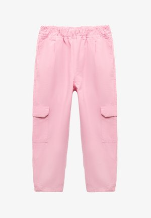 Rosa Cargo-Hosen mit elastischem Bund, seitlichen Taschen und lockerer Passform. Hergestellt aus leichtem Stoff mit glatter Textur.